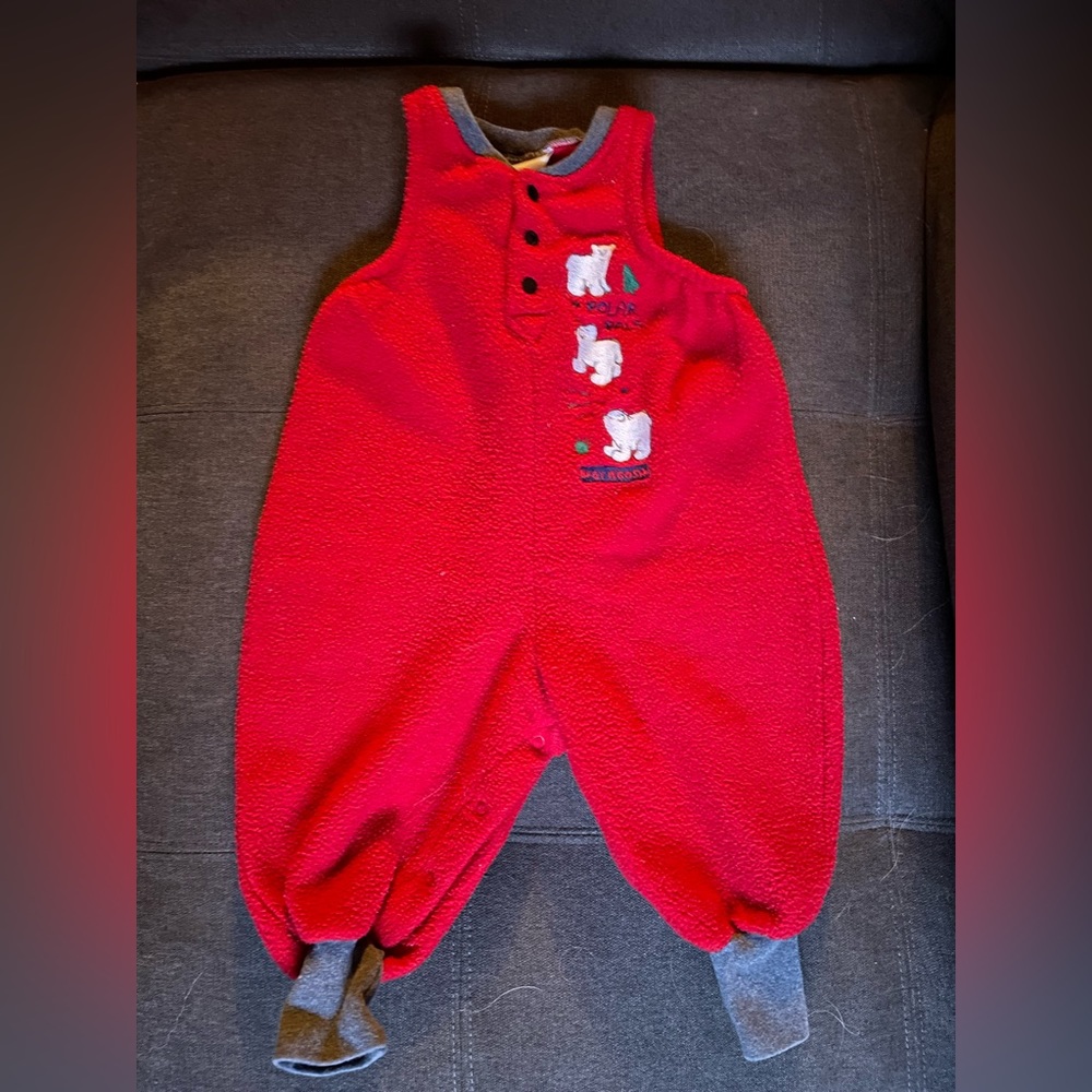 Vintage OshKosh Baby B’gosh Bubble Romper Red Fleece With Polar Bears 12M USA